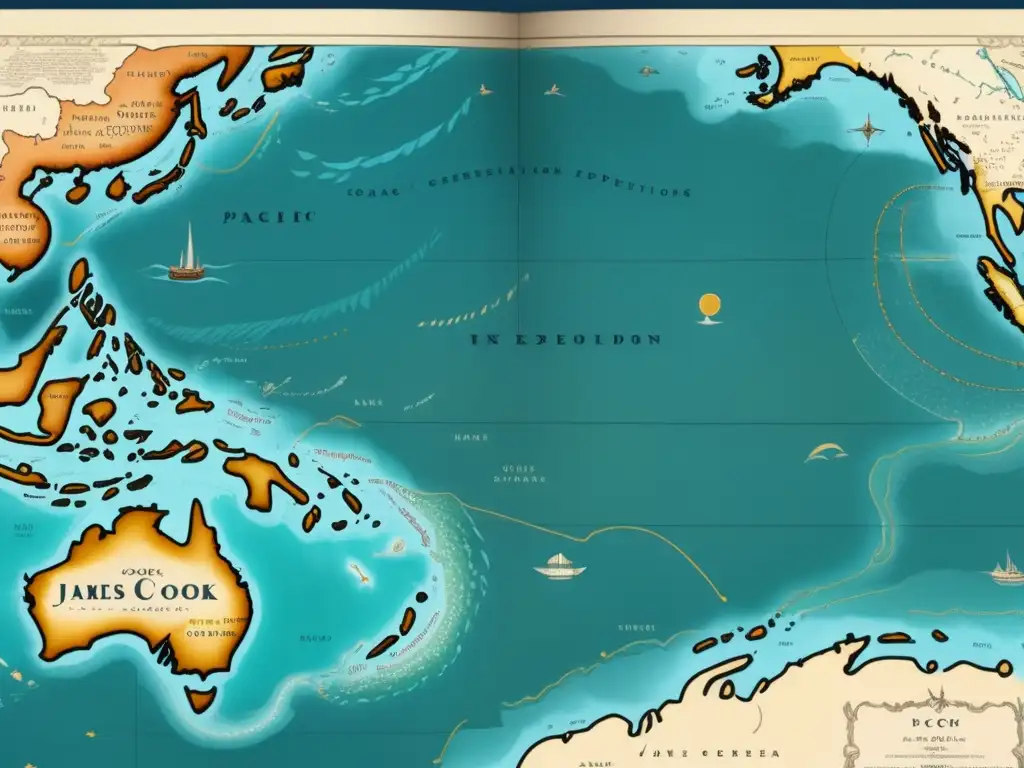 Vintage mapa del Pacífico: James Cook, desafiando lo desconocido