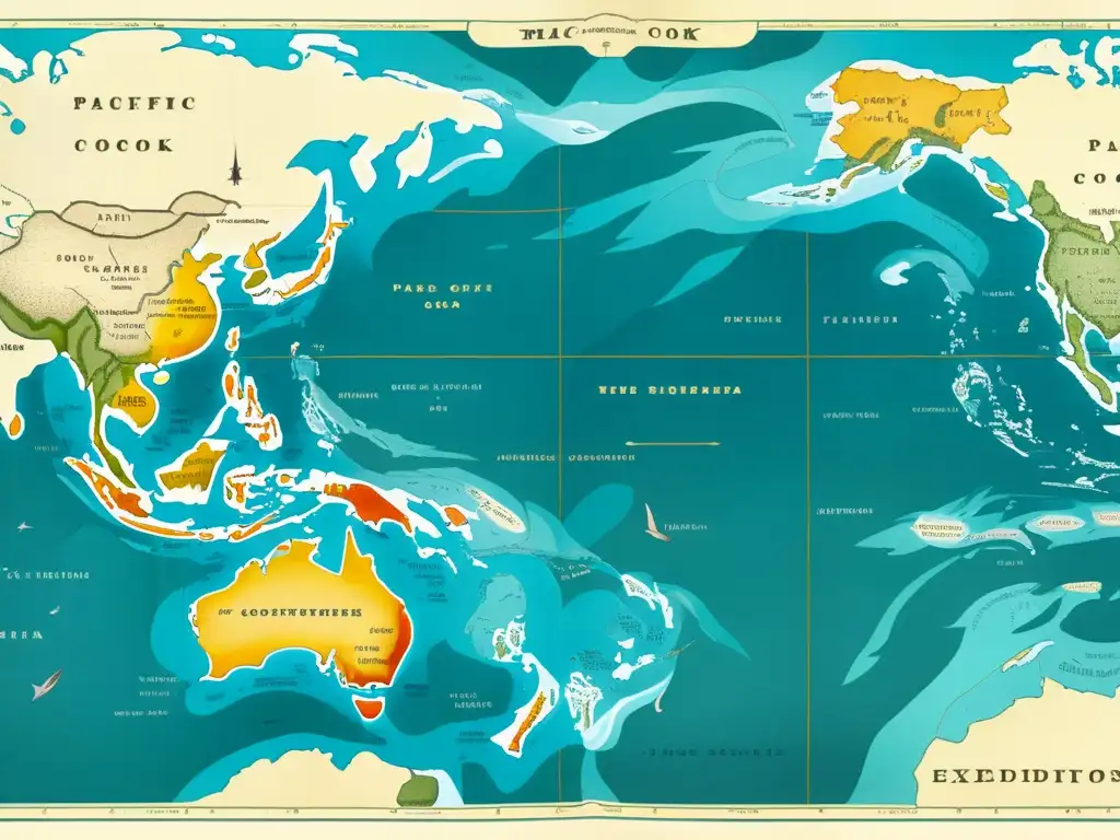 Mapa histórico del océano Pacífico explorado por James Cook y rivalidades coloniales (110 caracteres)