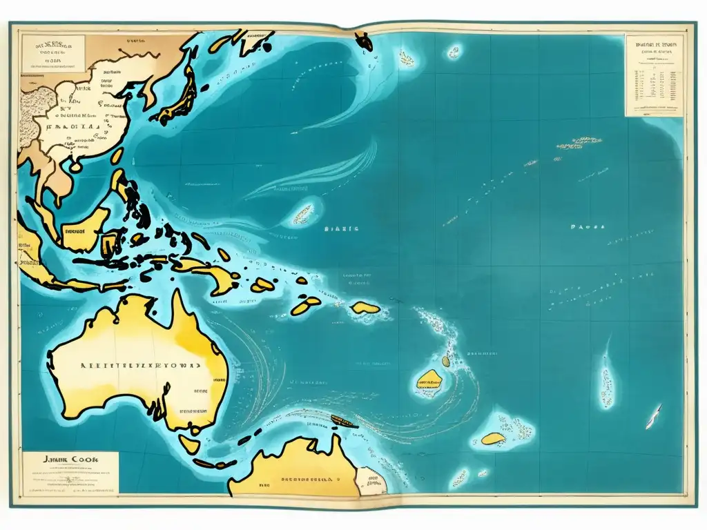 Mapa vintage del Pacífico con detalles intrincados e ilustraciones de culturas encontradas por Cook