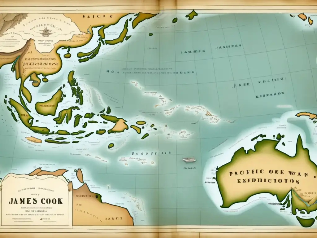 Mapa antiguo de las expediciones de James Cook en el Pacífico