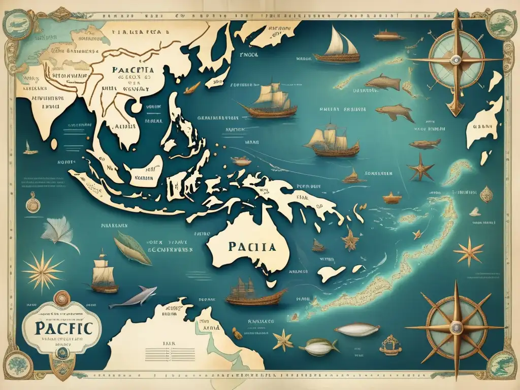 Mapa antiguo del océano Pacífico con ilustraciones detalladas de criaturas marinas y bestias míticas