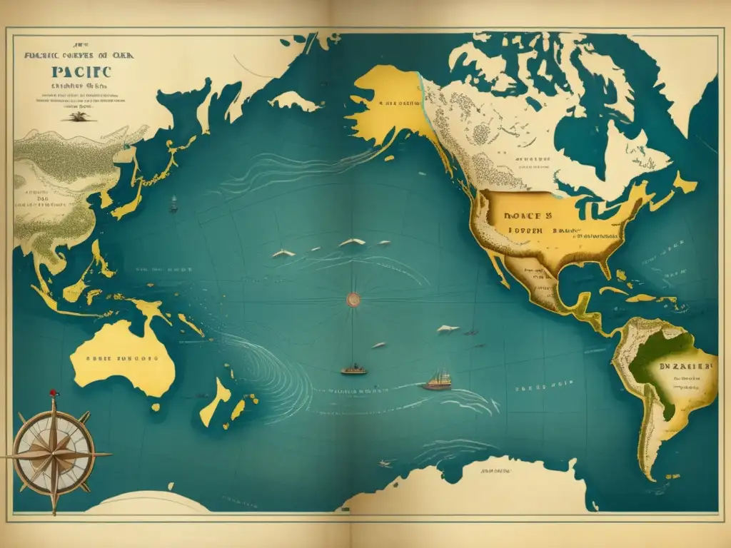 Mapa vintage del océano Pacífico y legado inolvidable de James Cook en la exploración (110 caracteres)