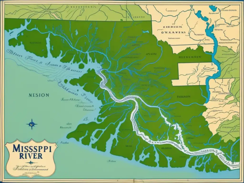 Antigua imagen detallada de un mapa vintage del río Mississippi y los montículos de Mississippi durante las exploraciones europeas