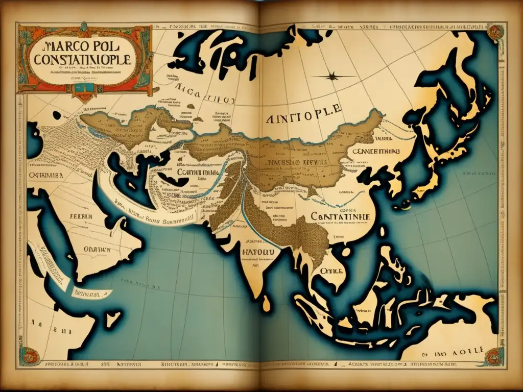 Mapa antiguo de Marco Polo: Viaje de Venecia a Constantinopla y Persia, con detalles históricos y estéticos que capturan su espíritu aventurero