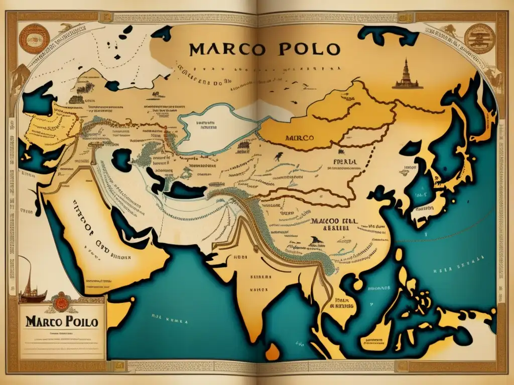 Mapa vintage de la ruta de Marco Polo en la Ruta de la Seda, con detalles precisos de ciudades, paisajes y monumentos