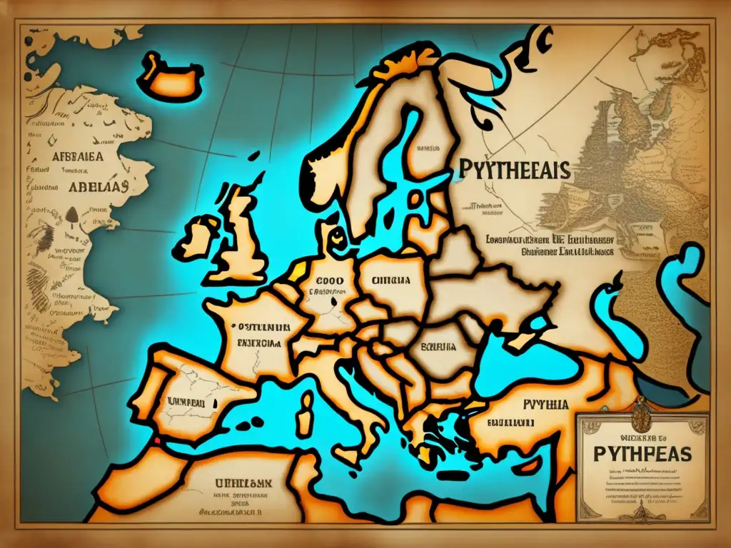 Mapa vintage de Europa con la ruta de Pytheas: El explorador que descubrió las Islas Británicas