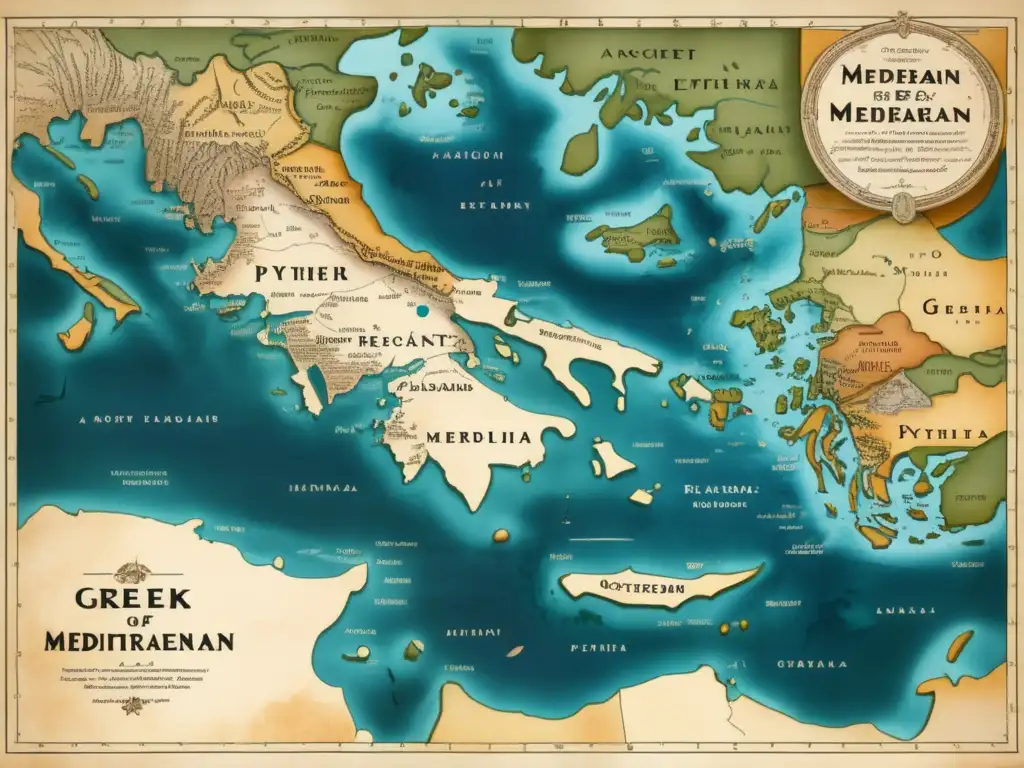 Mapa antiguo de la región mediterránea con rutas de Pytheas, ilustraciones de la expedición y estética vintage