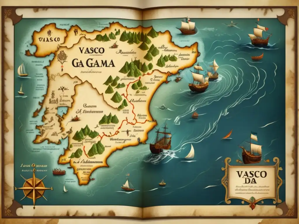 Mapa vintage de la audaz travesía de Vasco da Gama, desde Lisboa hasta Calicut, India