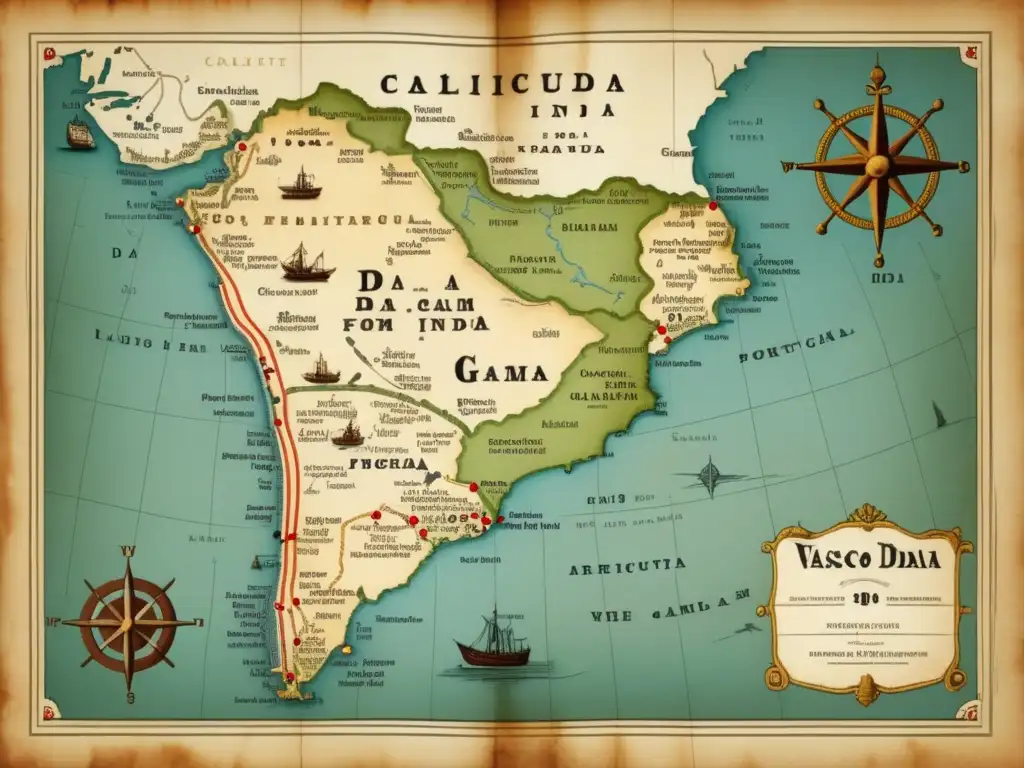 Viaje de Vasco da Gama a Calicut, India: Ilustración detallada de un mapa vintage con ruta, puertos y barcos