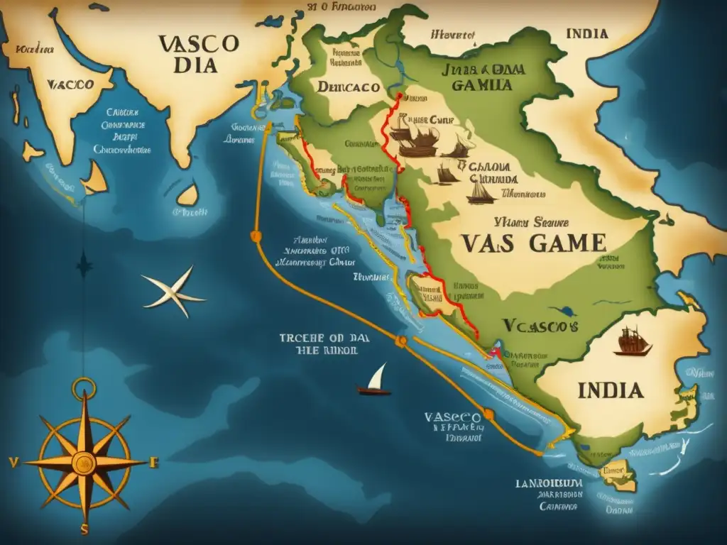 El viaje de Vasco da Gama: Un desafío a lo desconocido - Mapa vintage con ruta, obstáculos, puertos y referencias históricas