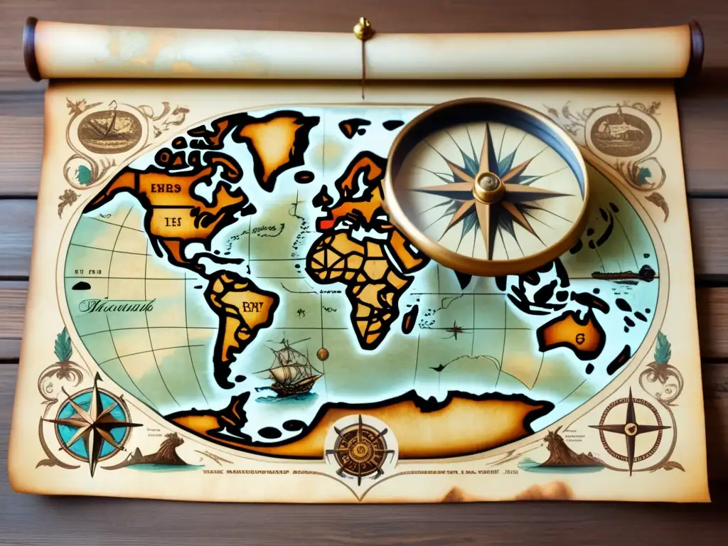 Un mapa antiguo desplegado en una mesa de madera, con ilustraciones detalladas de criaturas míticas, barcos y rosas de los vientos