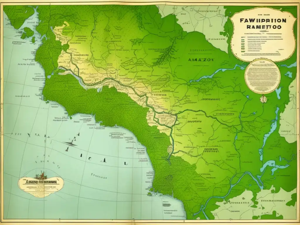 Mapa antiguo de la expedición de Fawcett al Amazonas con exuberante vegetación, ríos serpenteantes y vida silvestre