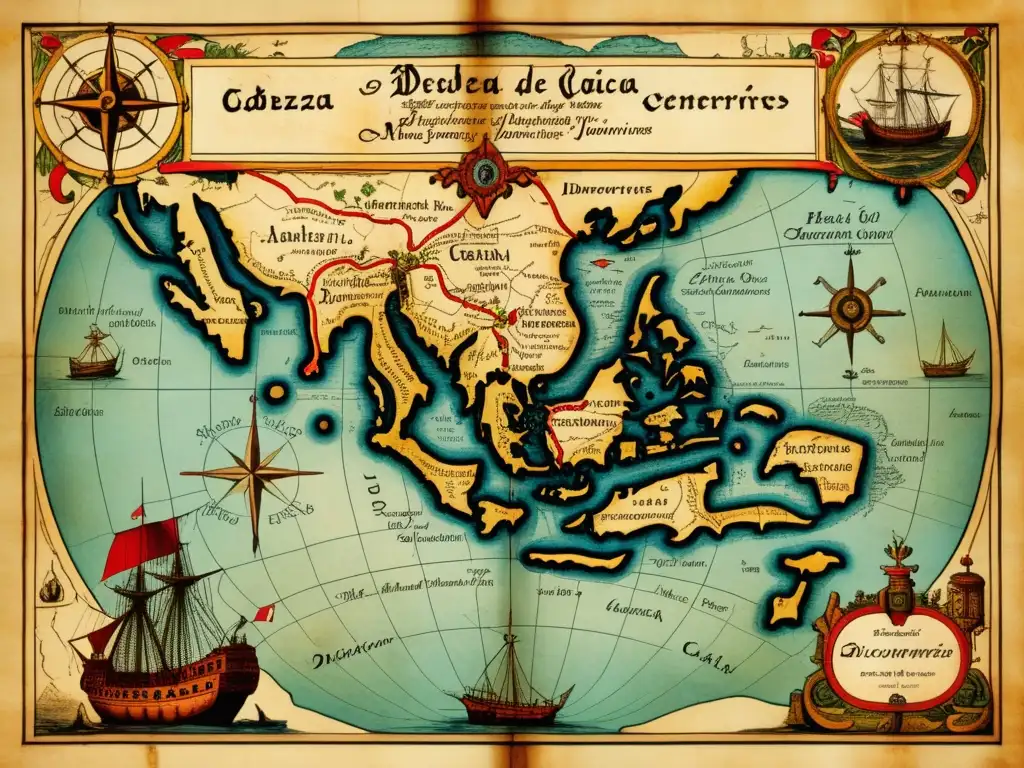 Mapa antiguo con rutas y tesoros descubiertos por Cabeza de Vaca