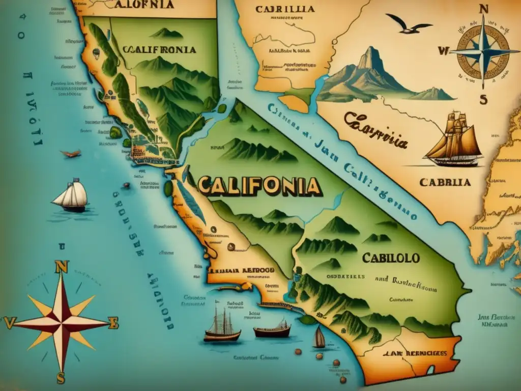 Mapa vintage detallado de California con impacto de la exploración de Cabrillo en la transformación de California