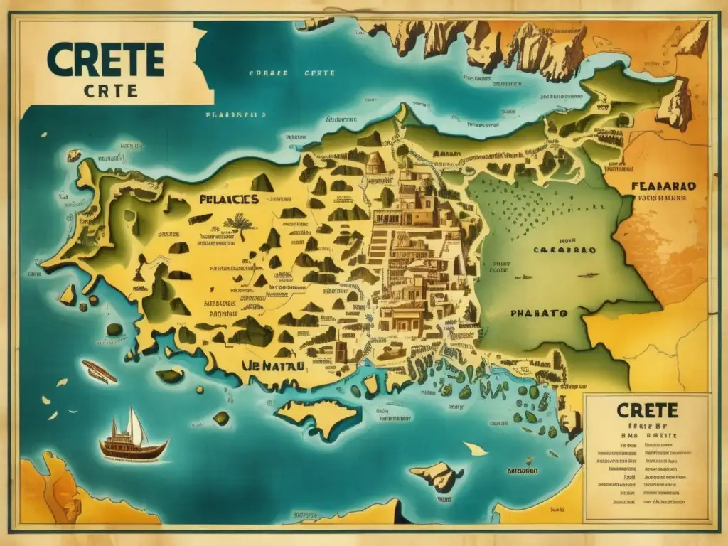 Mapa antiguo de Creta con costa, topografía e hitos antiguos