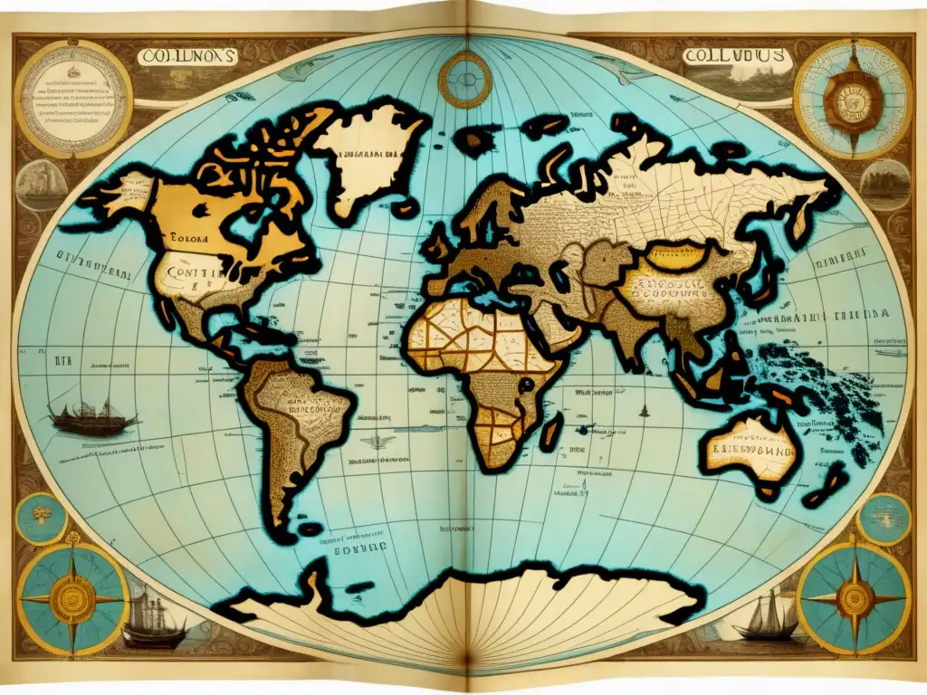 Mapa detallado de Cristóbal Colón con mundos descubiertos (110 caracteres)