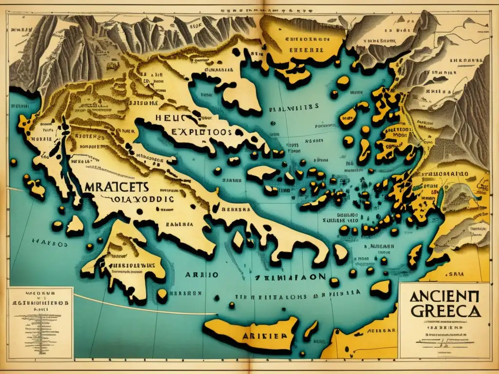 Mapa antiguo de Grecia: ciudades, ríos y montañas, con viajes de Herodoto y herramientas de exploración