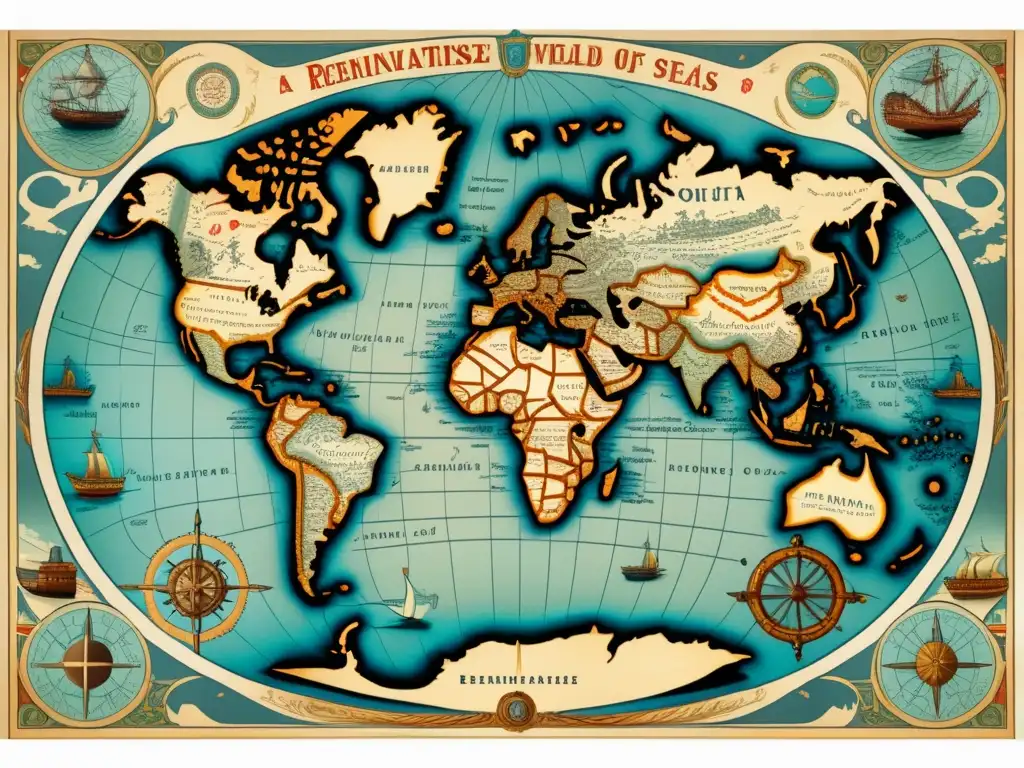 Mapa antiguo con detalles ilustrados, que muestra continentes, océanos y países, evocando la era de los descubrimientos