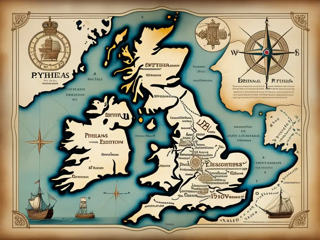 Mapa antiguo de las Islas Británicas, rutas y descubrimientos de Pytheas en expediciones históricas