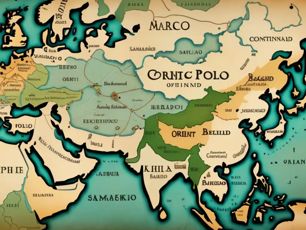 Mapa detallado de las tierras visitadas por Marco Polo en el Oriente, con ilustraciones de ciudades, rutas comerciales y paisajes