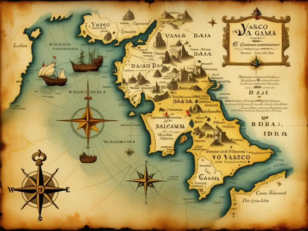 Mapa detallado de la ruta de Vasco da Gama, con ilustraciones de criaturas marinas y barcos