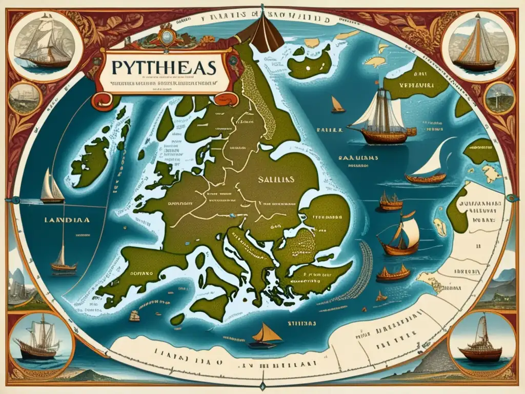 La osadía de Pytheas: Mapa antiguo detallado de las Islas Británicas y el mundo antiguo durante la época de Pytheas