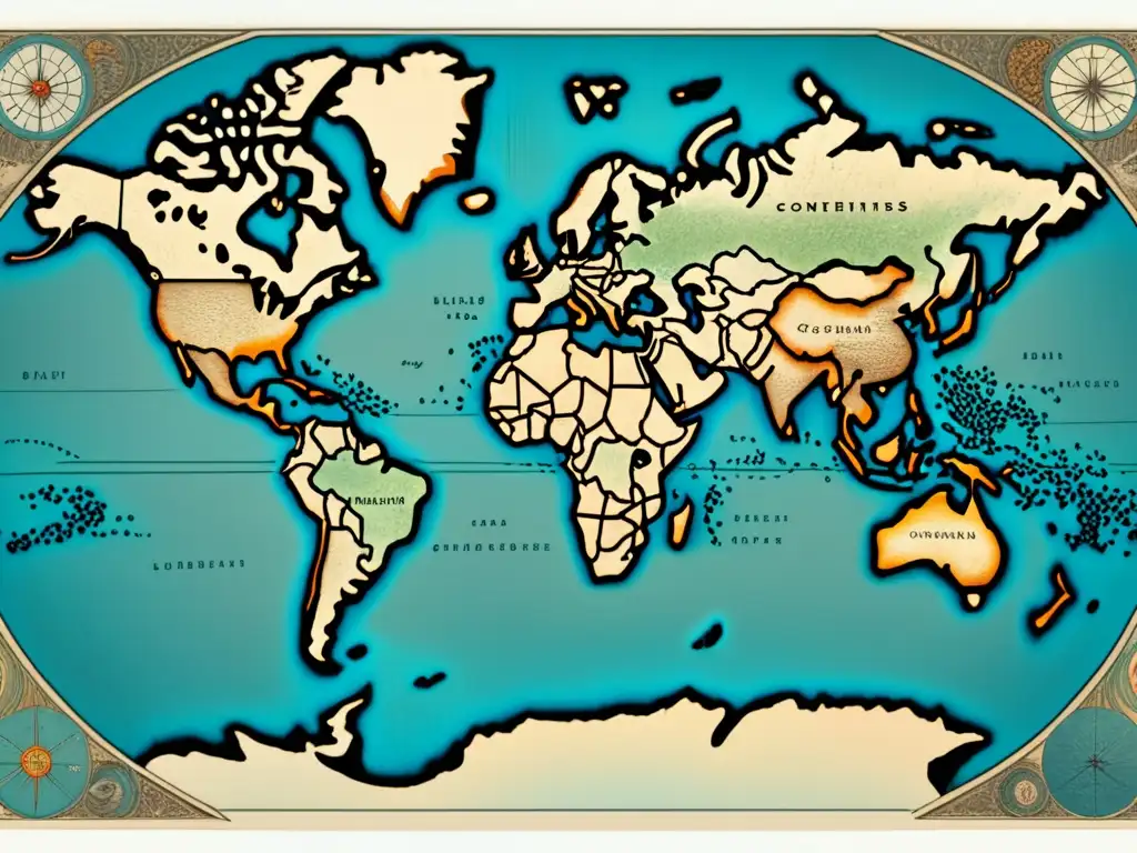 Mapa antiguo de la Tierra con detalles intrincados y descubrimiento de América