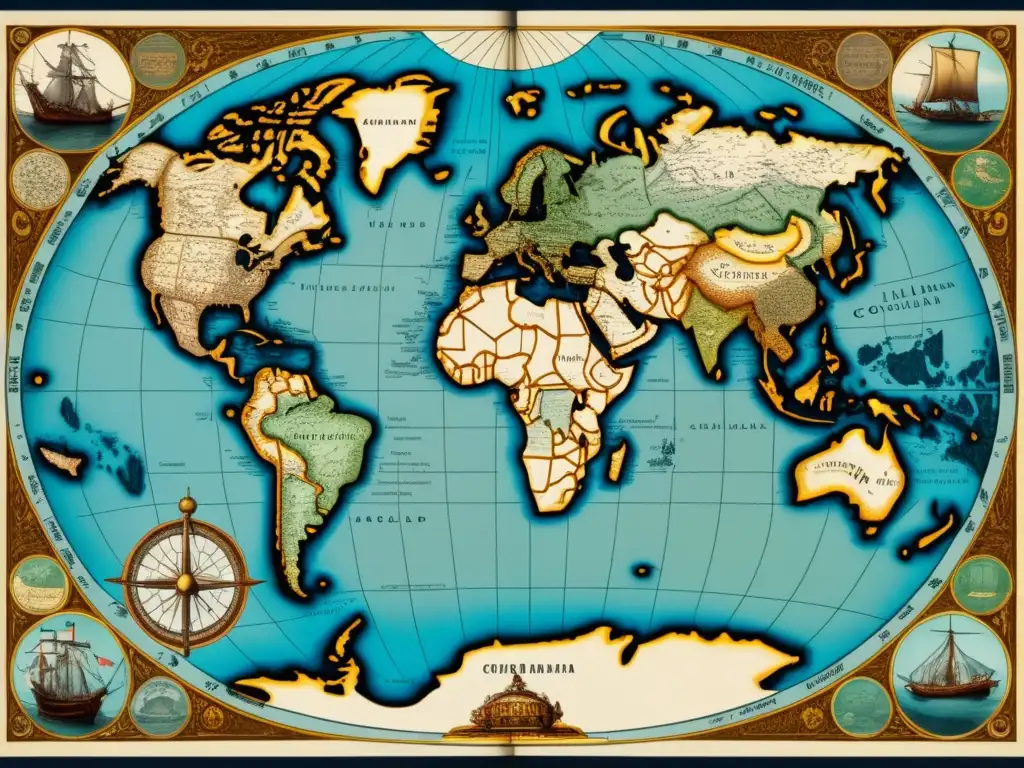 Mapa antiguo del mundo con detalles precisos y rutas de exploradores, con ilustraciones de criaturas marinas y barcos - Cartografía cambiando el mundo