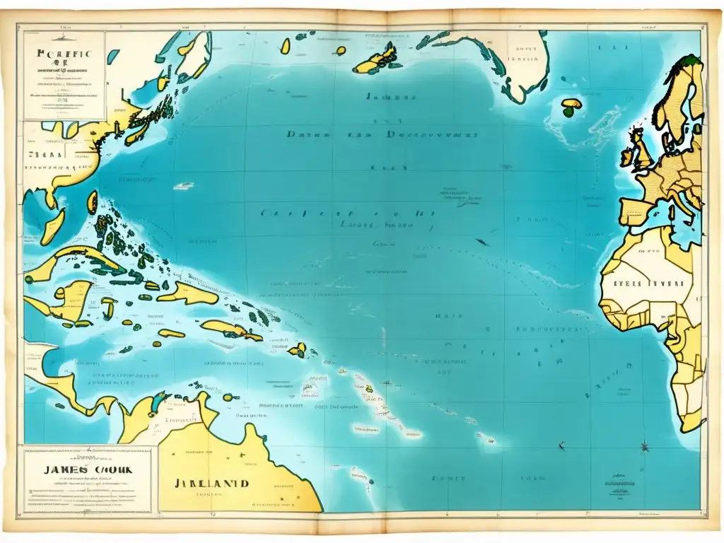 Los secretos del Pacífico descubiertos por James Cook: mapa detallado con rutas, islas, costa, profundidad y elementos decorativos