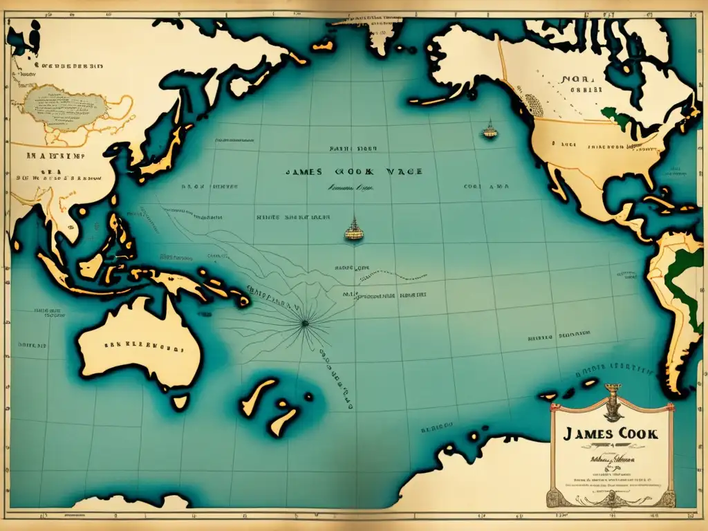 Mapa detallado en 8k de la ruta de James Cook por el Pacífico, con ilustraciones de criaturas marinas y plantas exóticas