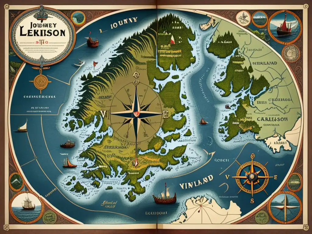 Mapa antiguo de Leif Erikson navegando a Vinland, con secretos del descubrimiento (110 caracteres)