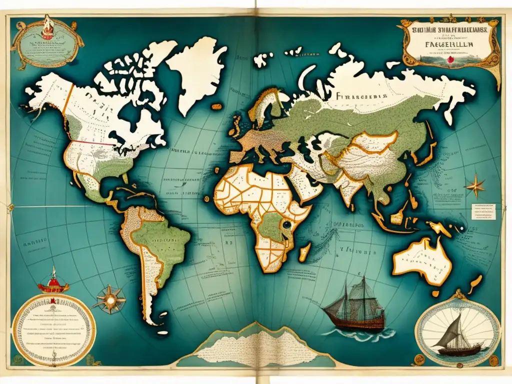 Detalle de antiguo mapa de la travesía de Sir Francis Drake alrededor del mundo