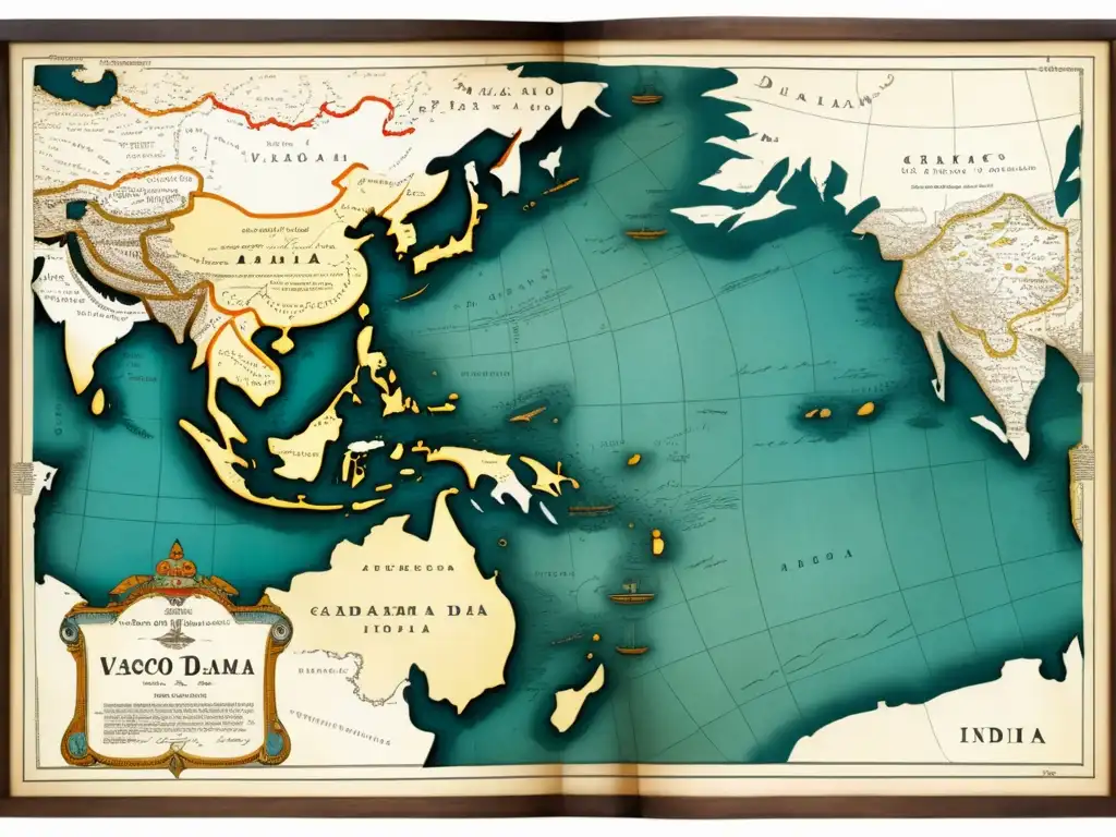 Mapa detallado de la ruta de Vasco da Gama hacia la India, con marcas y detalles históricos