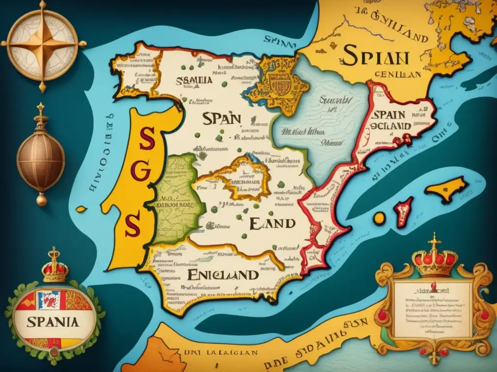 Mapa detallado de España e Inglaterra en el siglo XVI, con rutas comerciales y la Armada Invencible