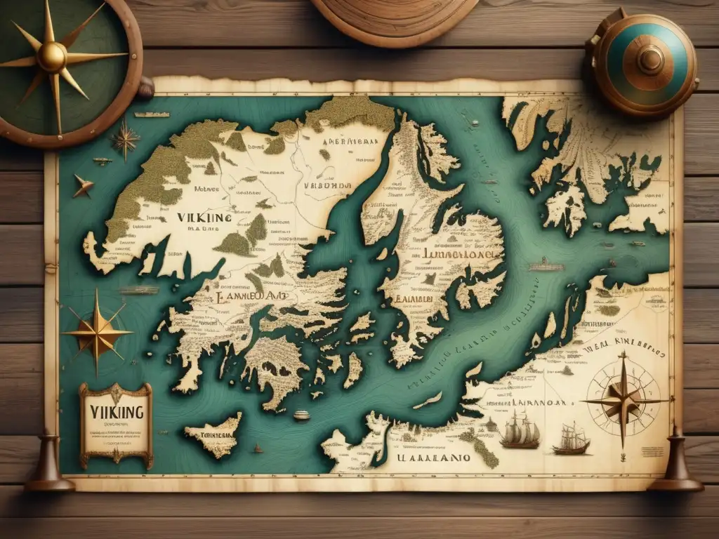 Mapa vintage con detalles de navegación vikinga y ambiente nostálgico