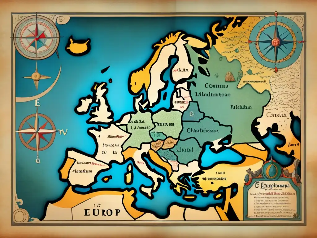 Mapa antiguo de Europa en el siglo XV con detalles intrincados, ilustraciones de exploradores, barcos y brújulas