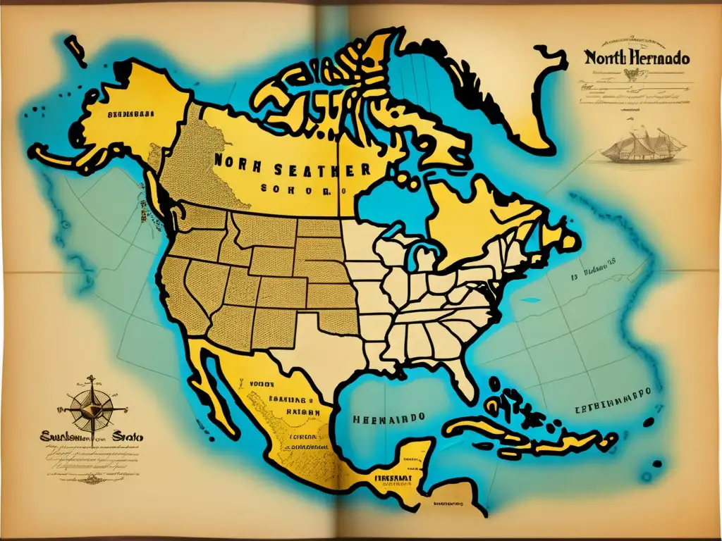 Mapa antiguo de exploraciones de Hernando de Soto en América del Norte