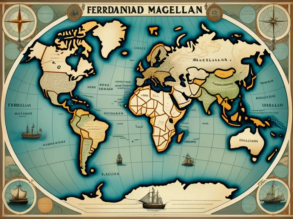 El legado de Magallanes: ¿Cómo influyó su viaje en la exploración moderna? Mapa vintage de rutas y destinos del viaje histórico de Magallanes