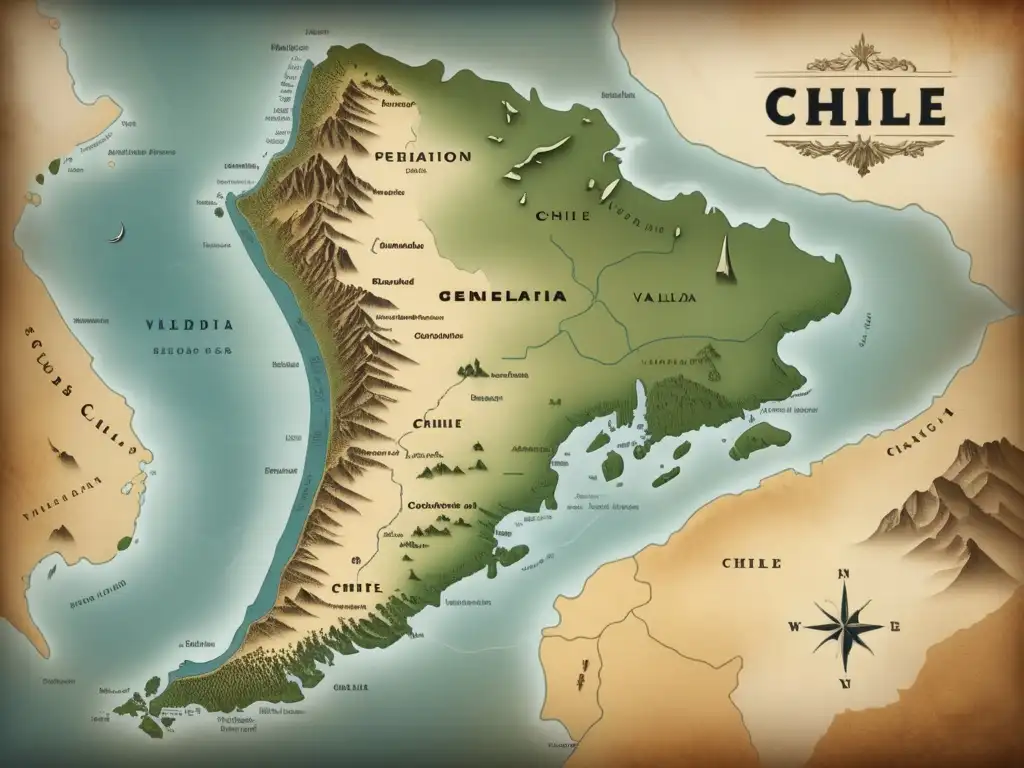 Mapa histórico de la conquista de Chile: Valdivia, indígenas y paisajes (110 caracteres)