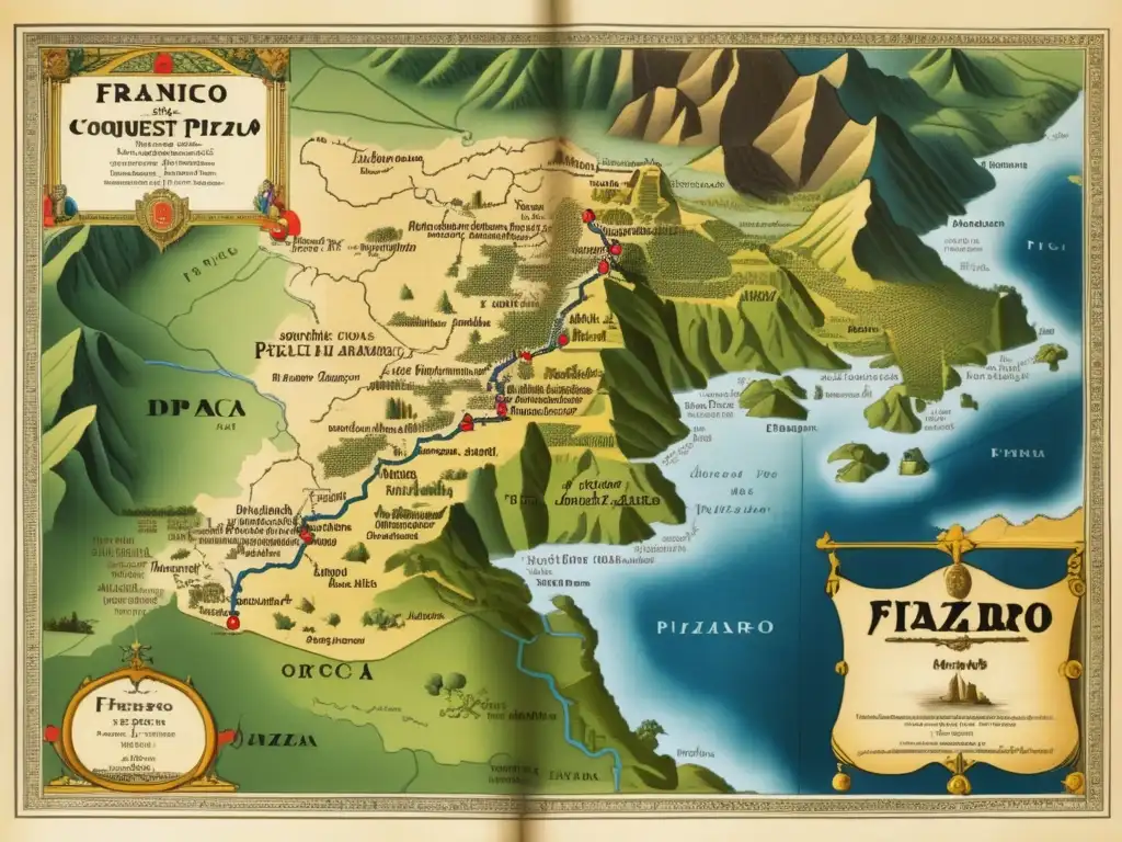 Ruta de Pizarro: mapa detallado de la conquista del Imperio Inca, con terreno, ríos y bosques, ilustraciones de conquistadores, guerreros incas y Machu Picchu