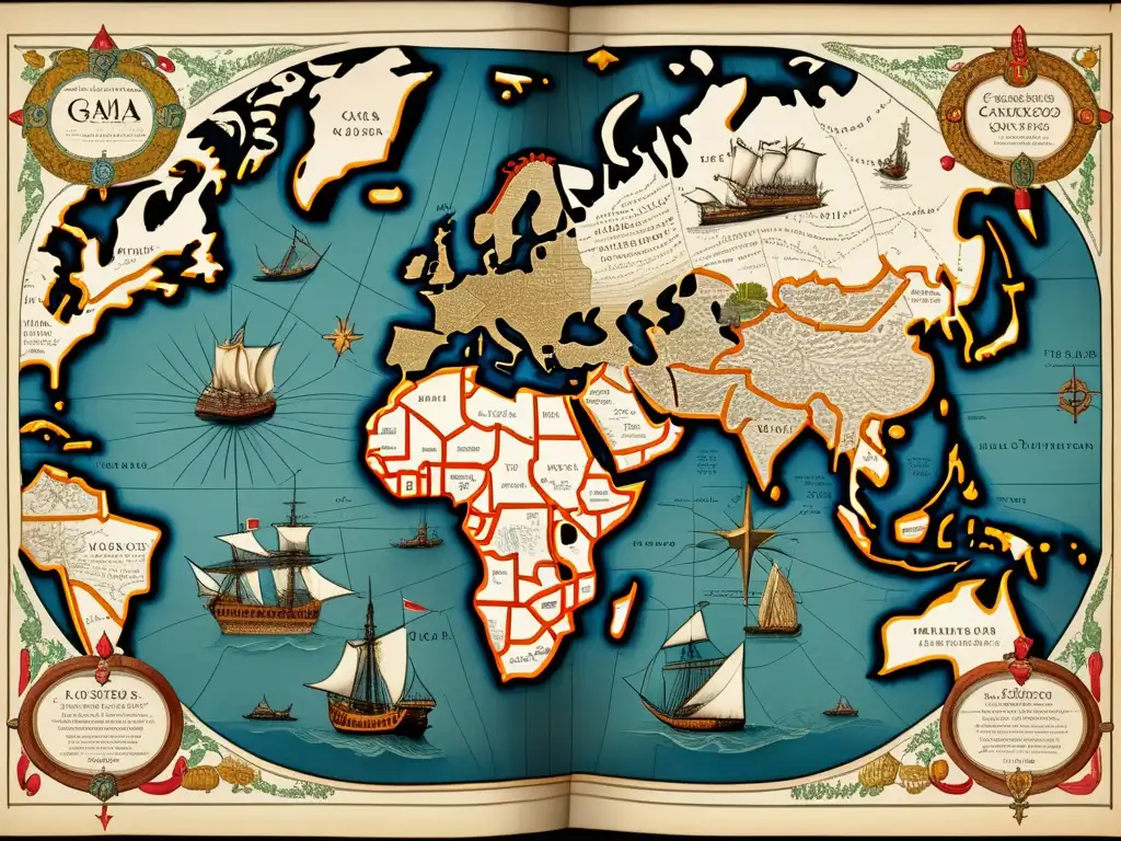 Mapa histórico detallado de la expedición de Vasco da Gama, con ilustraciones de barcos, brújulas y elementos decorativos vintage