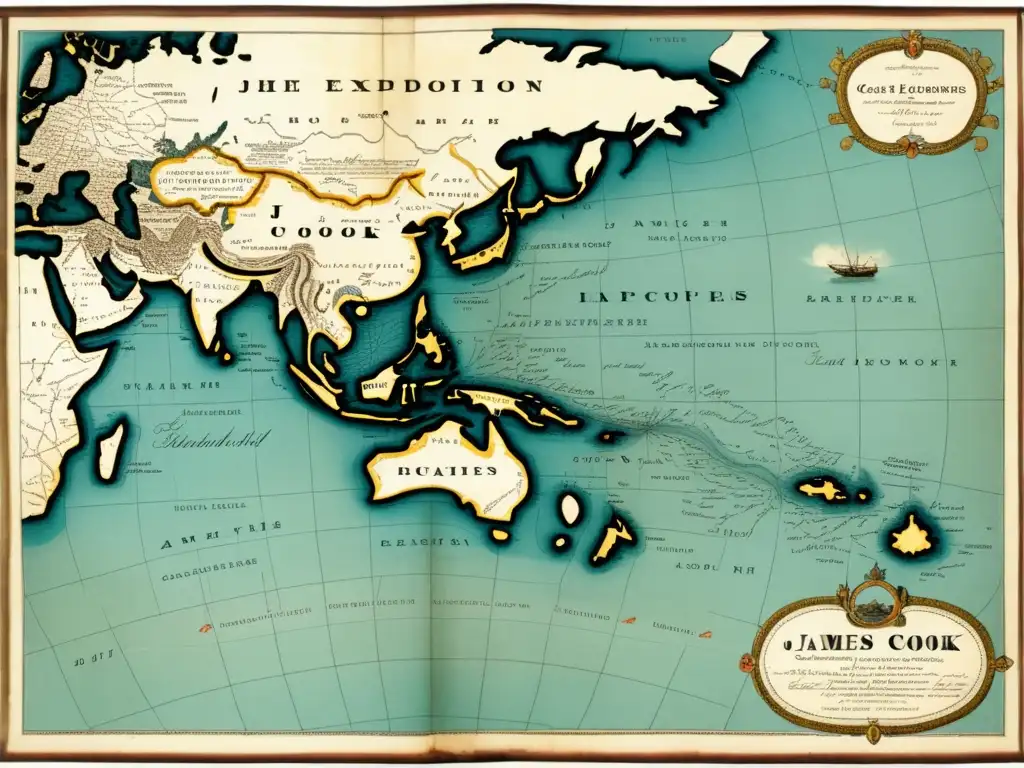 Mapa detallado de las expediciones británicas de James Cook en el siglo XVIII, mostrando rutas y descubrimientos