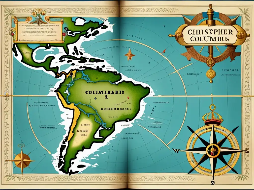 Mapa detallado del viaje de Cristóbal Colón a Caribe: ruta, islas, barcos y atmósfera histórica