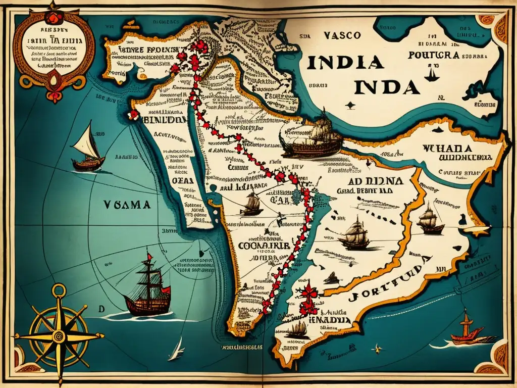 Mapa detallado de la ruta hacia la India de Vasco da Gama, destacando la navegación desde Portugal