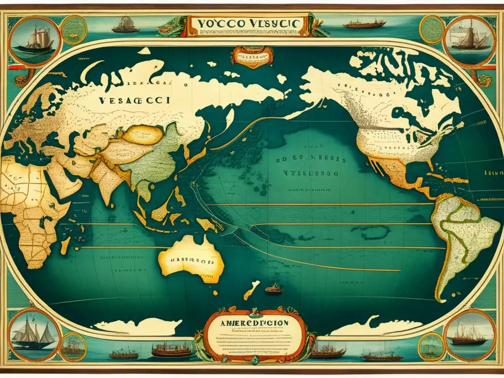 Mapa detallado 8k de expedición de Amerigo Vespucci, con costas, islas y monumentos descubiertos