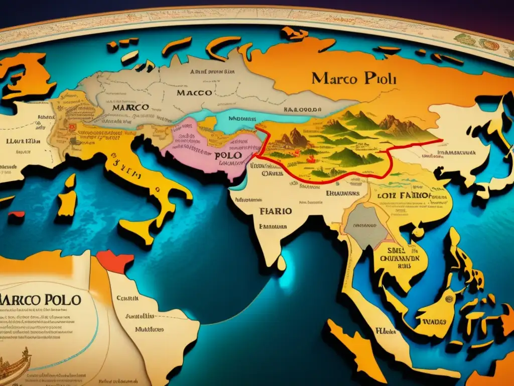 Mapa detallado 8k de la ruta comercial descubierta por Marco Polo, mostrando países, ciudades y paisajes a lo largo de la Ruta de la Seda