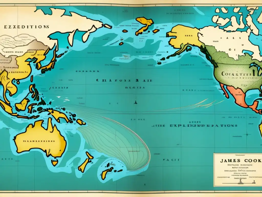 Mapa antiguo de las expediciones de James Cook en el Pacífico