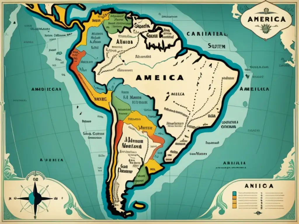 Mapa vintage de Sudamérica con detalles de exploración de Alonso de Ojeda