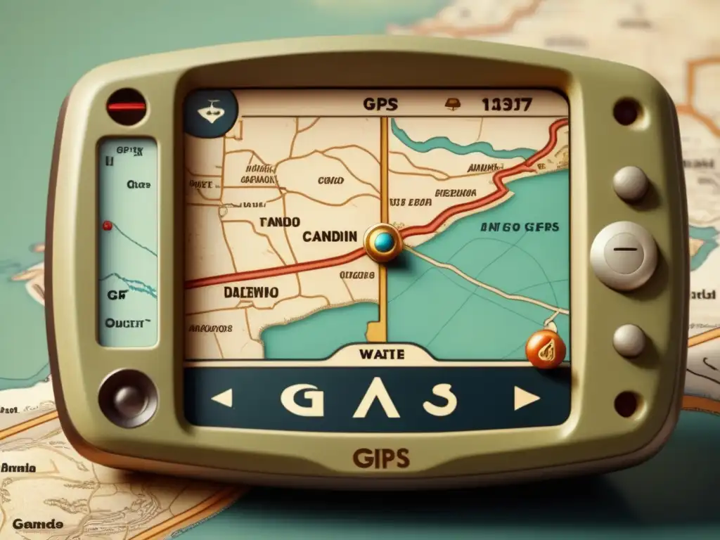 Mapa vintage con GPS, detalles terrenos y agua