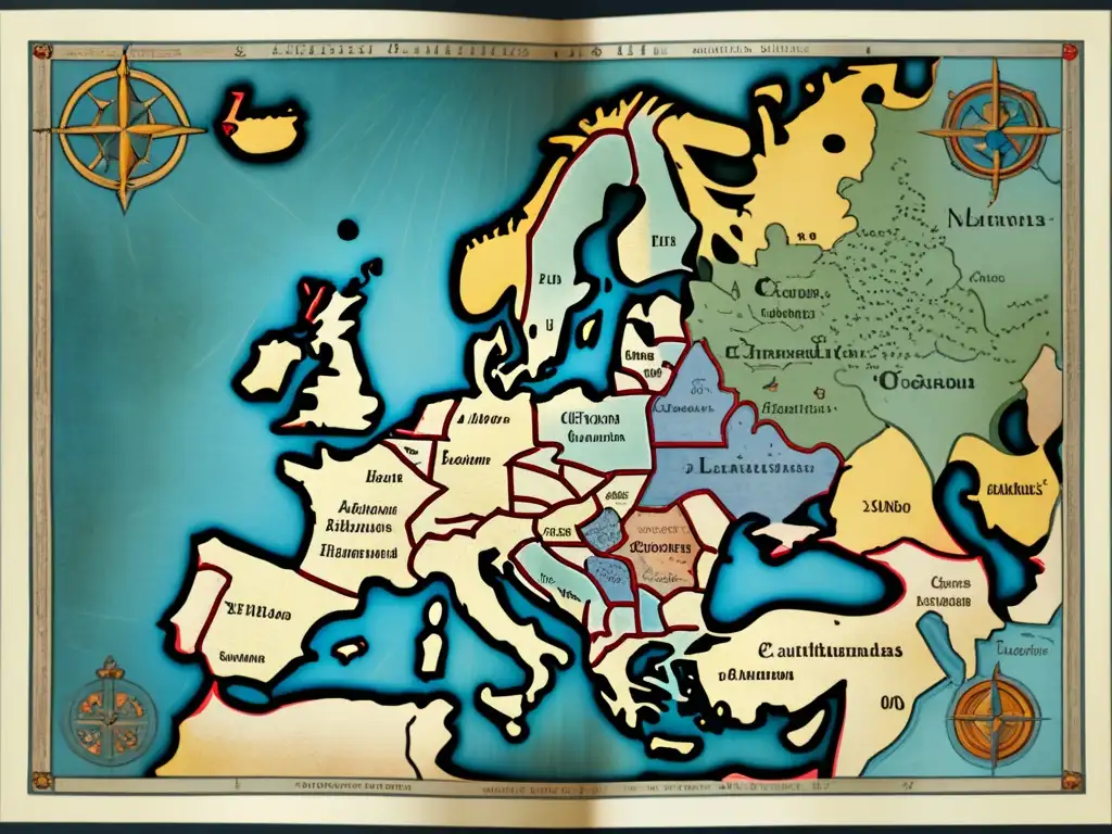 Mapa antiguo de Europa del siglo XV con detalles de países, ciudades y rutas comerciales